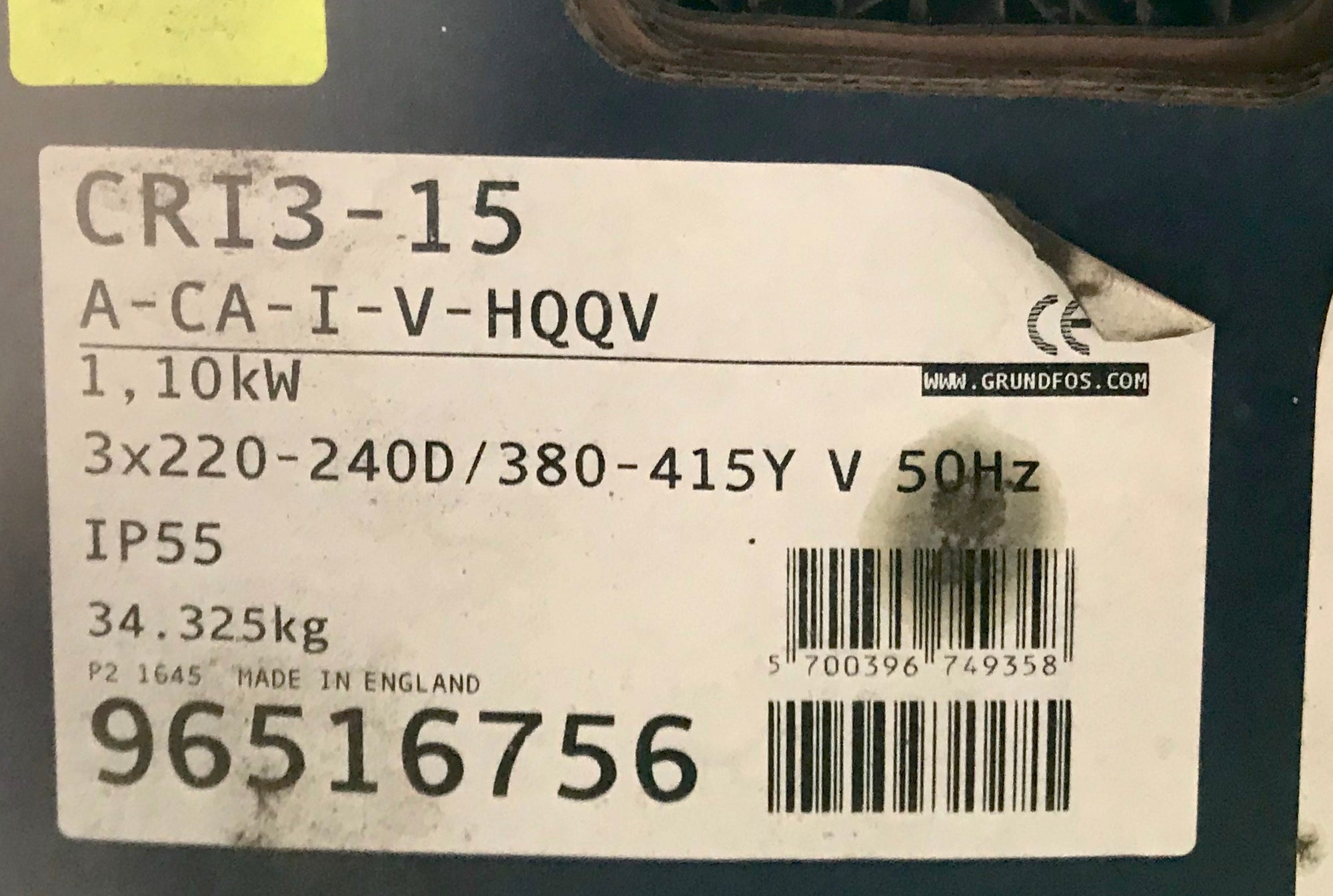 Grundfos CRI 3-15 A CA I V HQQV 3~ 415v Vertical Multistage Pump 96516756 #2369