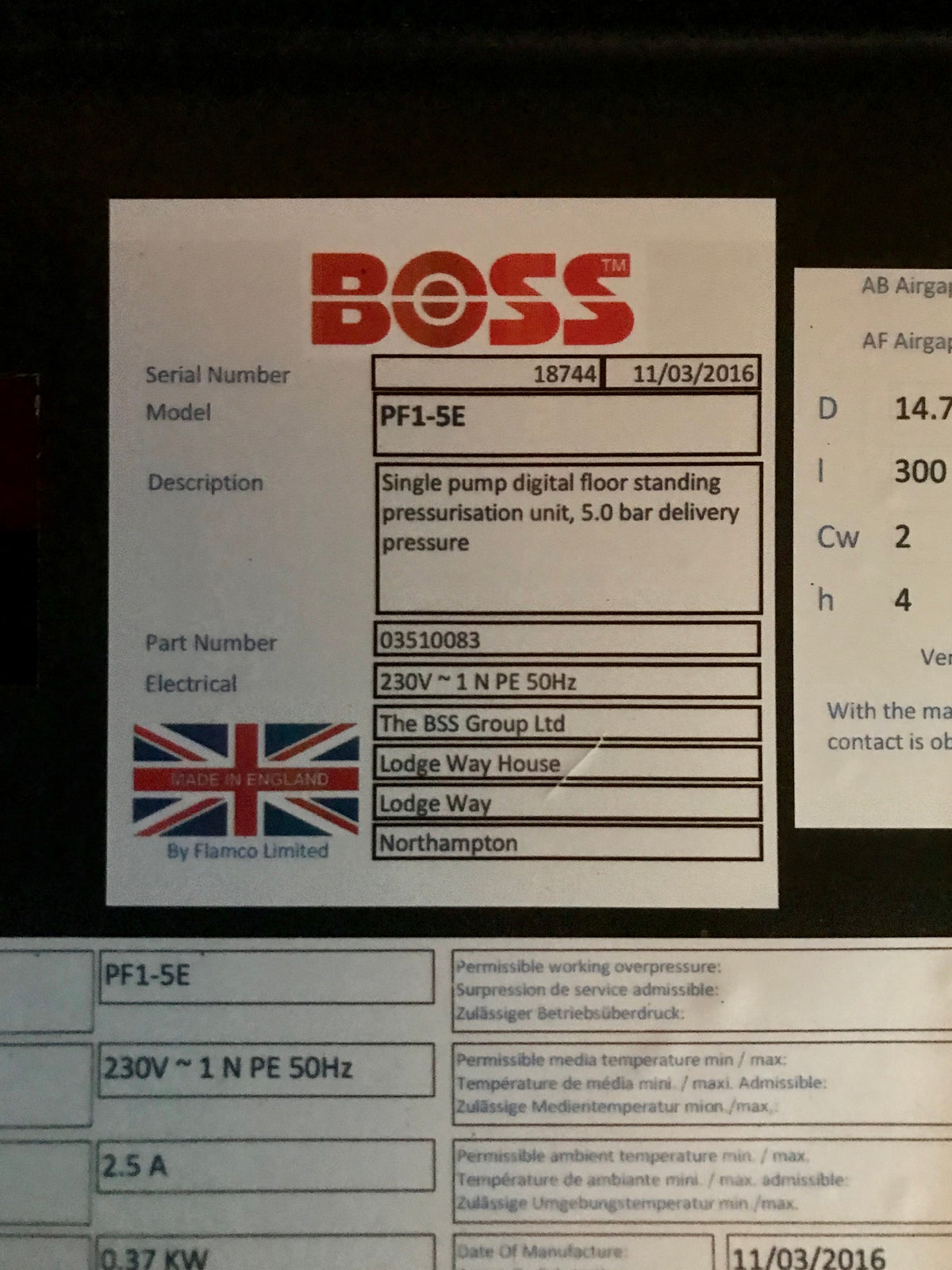 Boss Pressfill PF1-5E 5 bar Single pump pressurisation unit  240v #2028