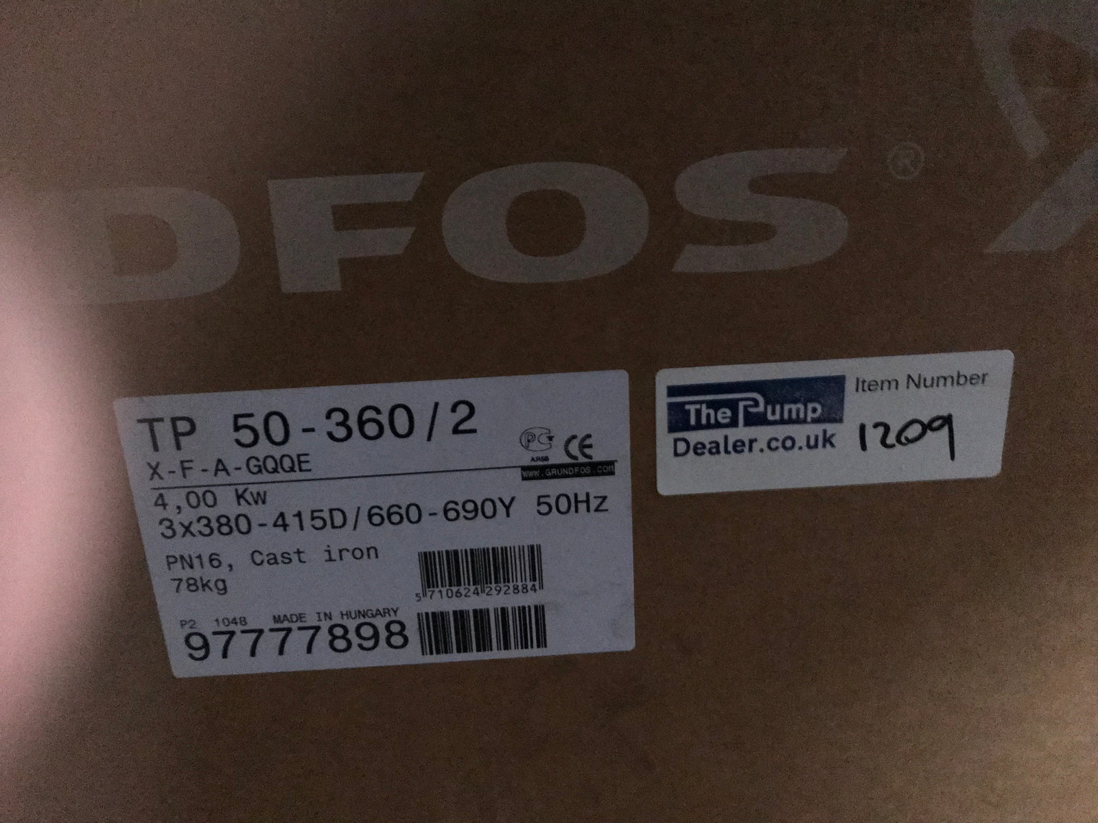 GRUNDFOS TP 50-360/2 X F A GQQE 4KW SINGLE STAGE SINGLE HEAD IN LINE 2 POLE 415V 97777898 #1210