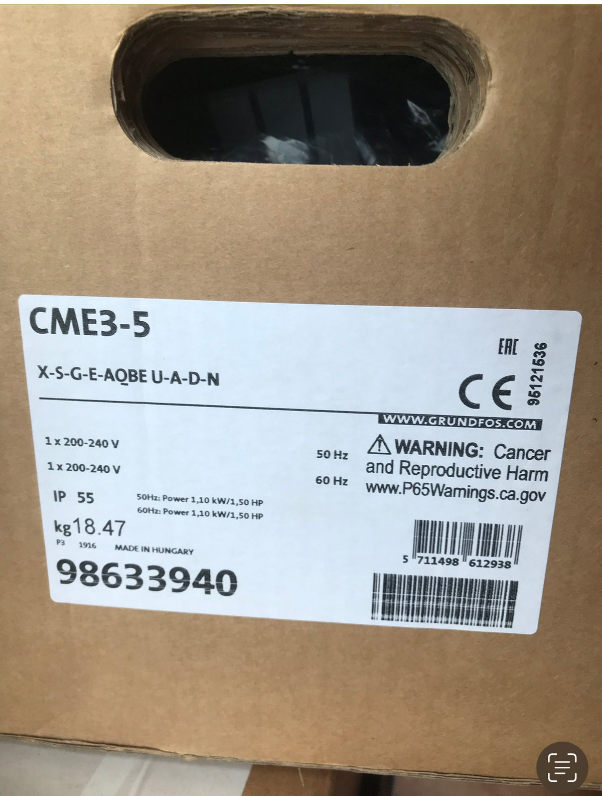 Grundfos CME 3-5 98633940 Stainless Multistage Pump 240v 1.1kw #2221