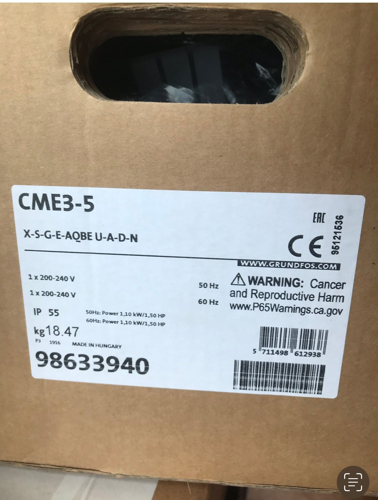 Grundfos CME 3-5 98633940 Stainless Multistage Pump 240v 1.1kw #2221