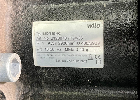Wilo IL 50/140-4/2 2120878 Circulator Pump Dn50 4kw #3052 USED