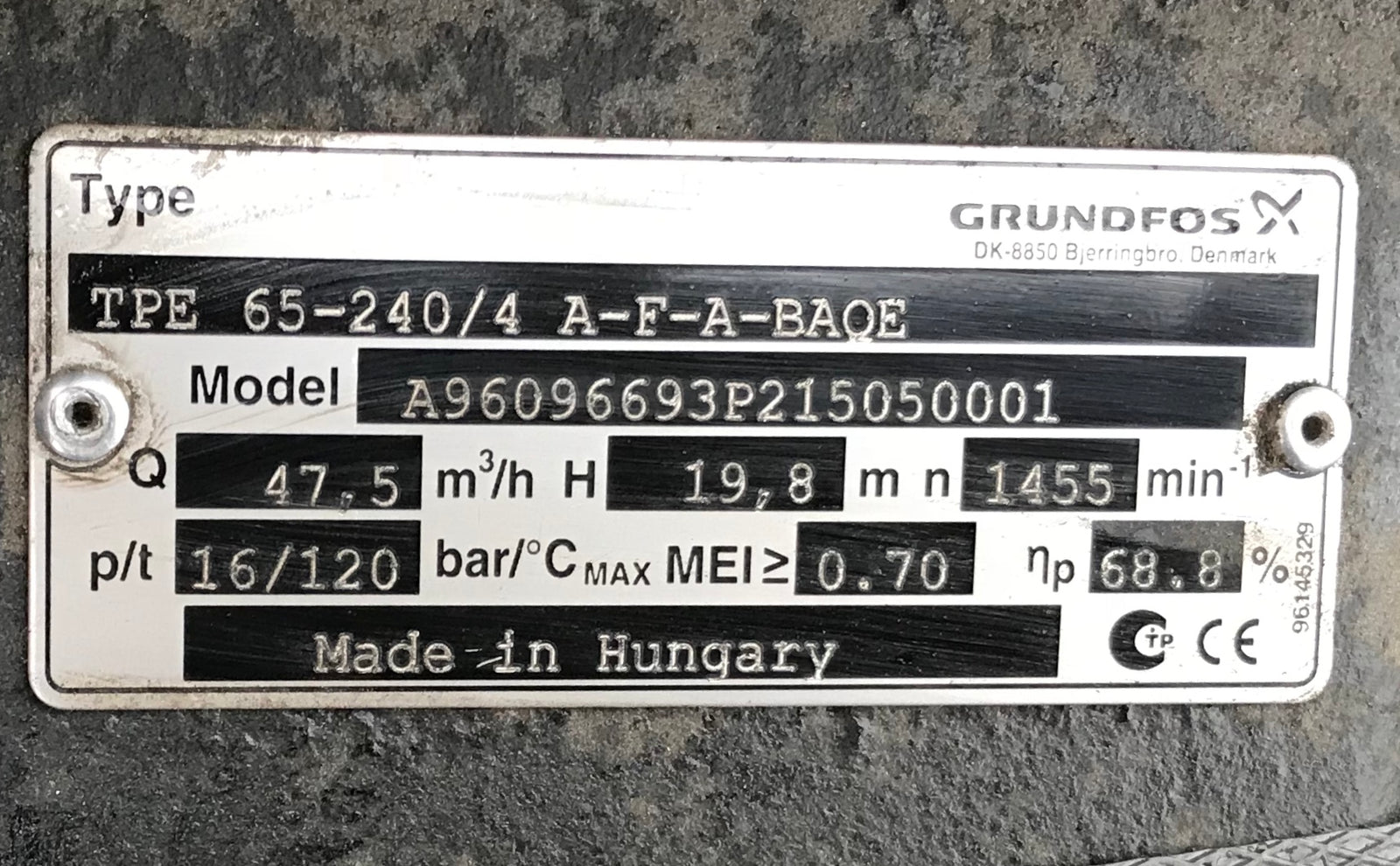 GRUNDFOS TPE 65-240/4 A F A BAQE 4KW SINGLE STAGE SINGLE HEAD IN LINE 4 POLE 415V 96096693 #1339