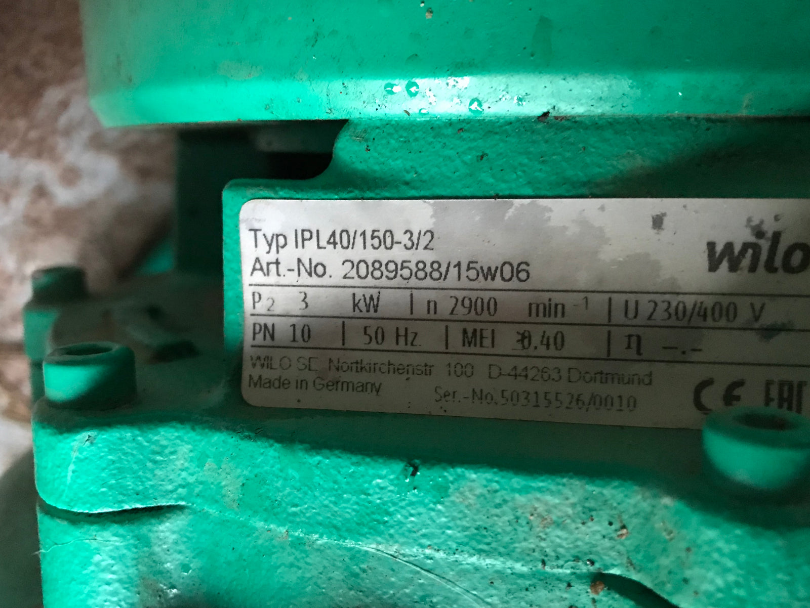 Wilo IPL 40/150-3/2 2089588 Dn40 In Line Pump 415v #1163