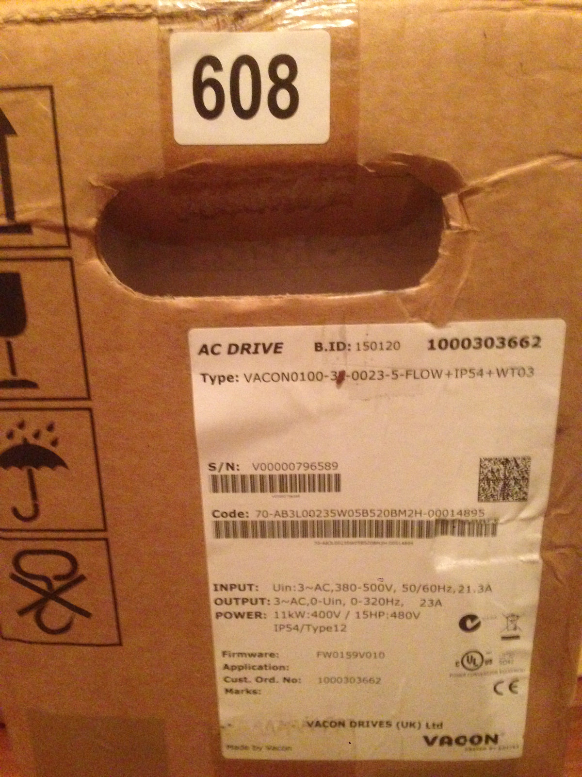 Vacon 100 Flow IP54 11kW 400V 3ph - Fan/Pump AC Inverter Drive Speed Controller VACON0100-3L-0023-5-FLOW+IP54 11Kw/23Amp 3 Phase Input / 3 Phase Output IP54