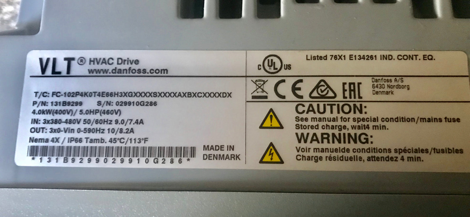 Danfoss VLT FC-102 P4K 4.0 KW HVAC Variable Speed Drive Inverter 131B9299  #1734