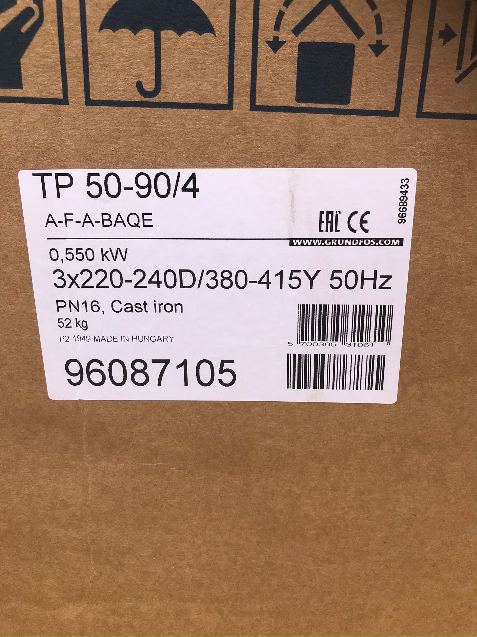 GRUNDFOS TP 50-90/4 A F A BAQE 0.55kw  SINGLE STAGE SINGLE HEAD IN LINE 4 POLE 415V 9608715 #2019