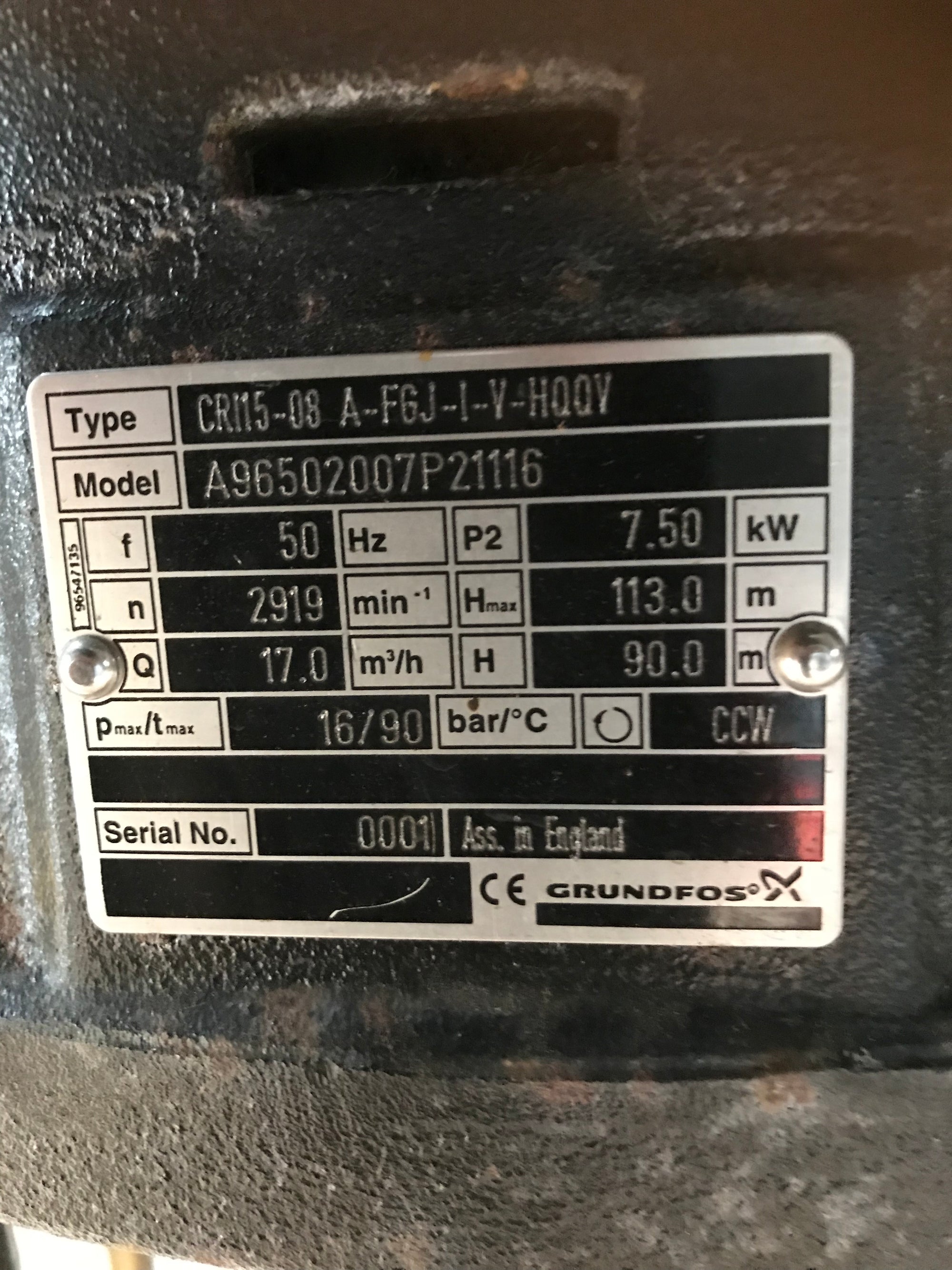 Grundfos CRI 15-08 stainless 415v 7.5kw vertical multistage pump 96502007 #1354 USED