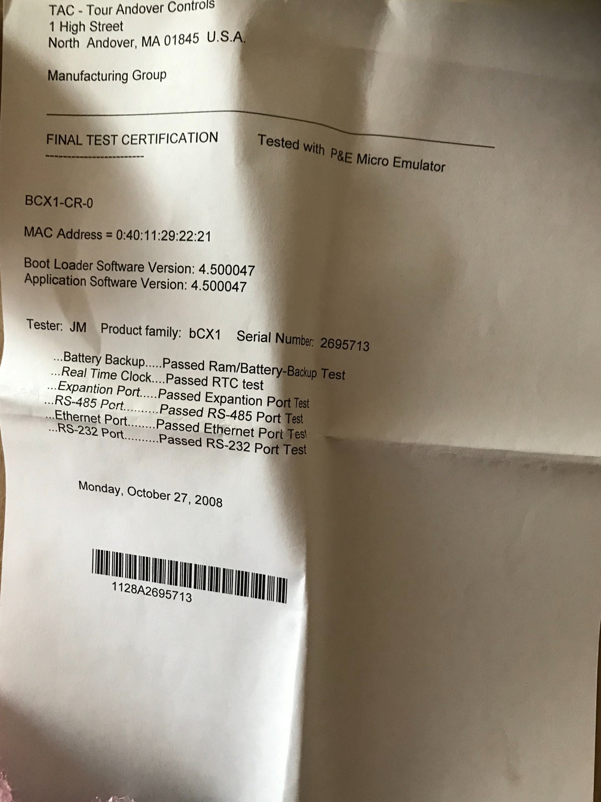 BCX1-CR-0 Bacnet Controller router Andover Controls Schneider tac #1135