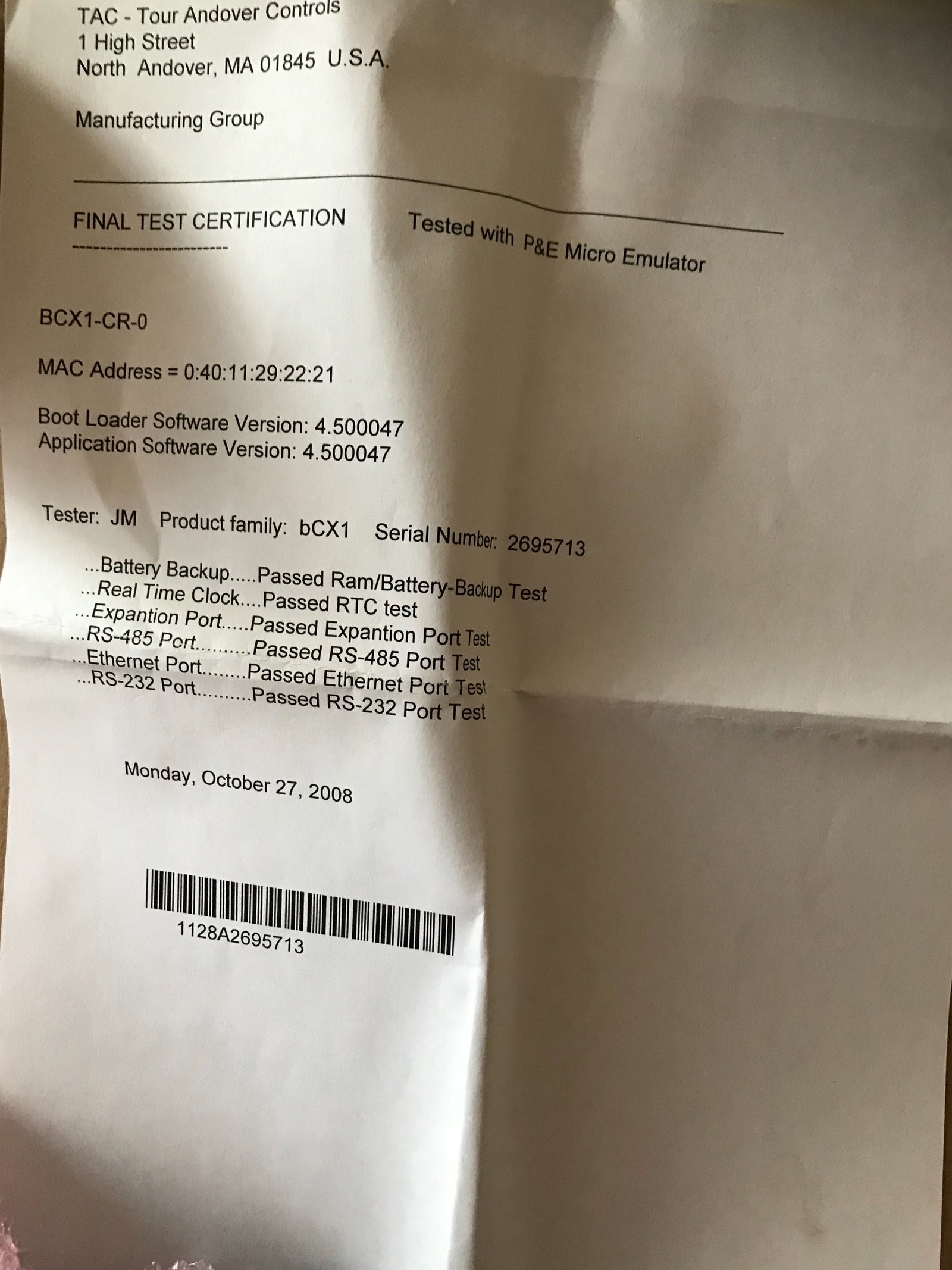 BCX1-CR-0 Bacnet Controller router Andover Controls Schneider tac #1135