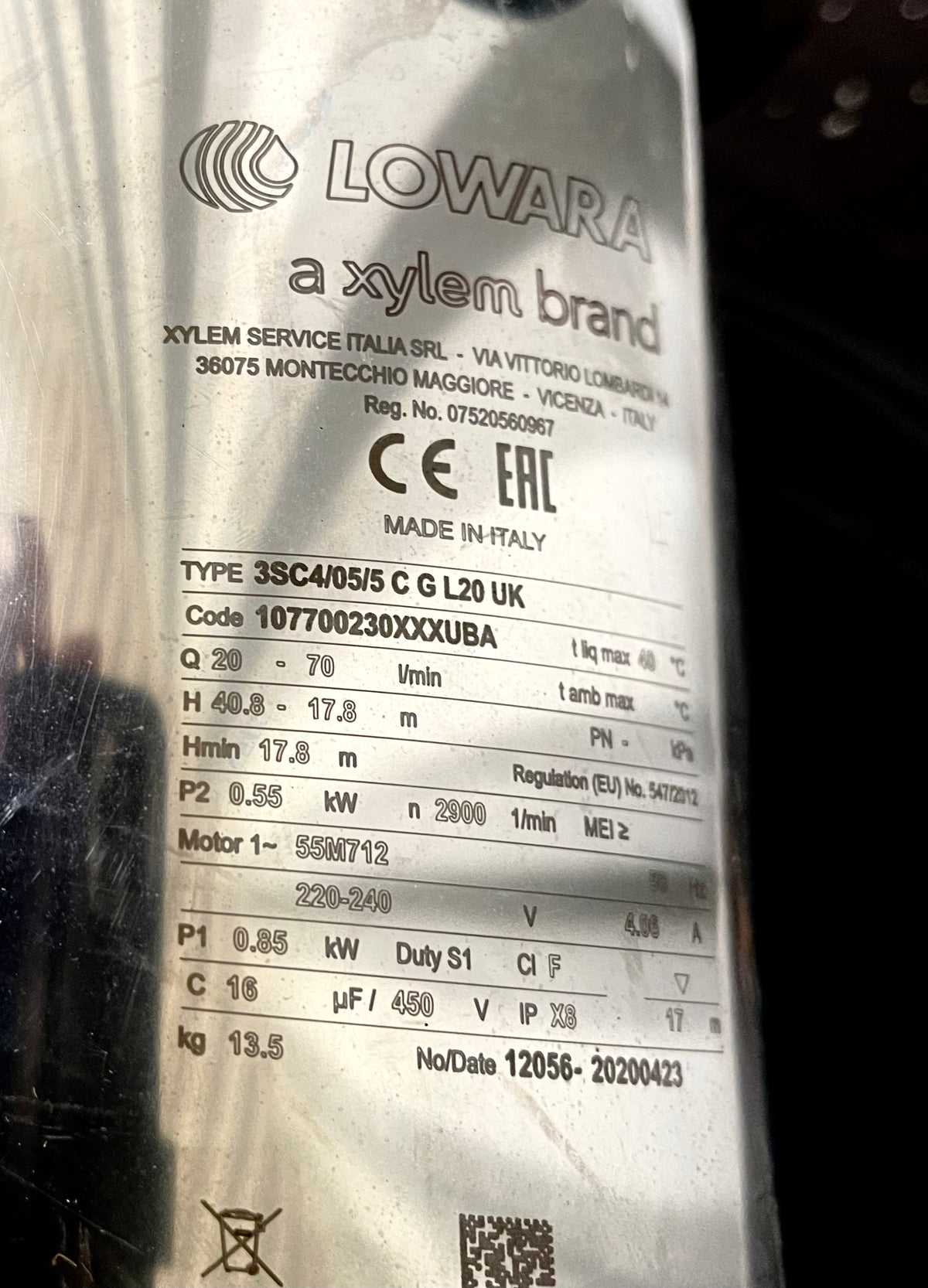 Lowara SCUBA 3SC4/05/5 C G L20 0.55kw 230v Submersible Pump W/Floatswitch 107700230 #2995