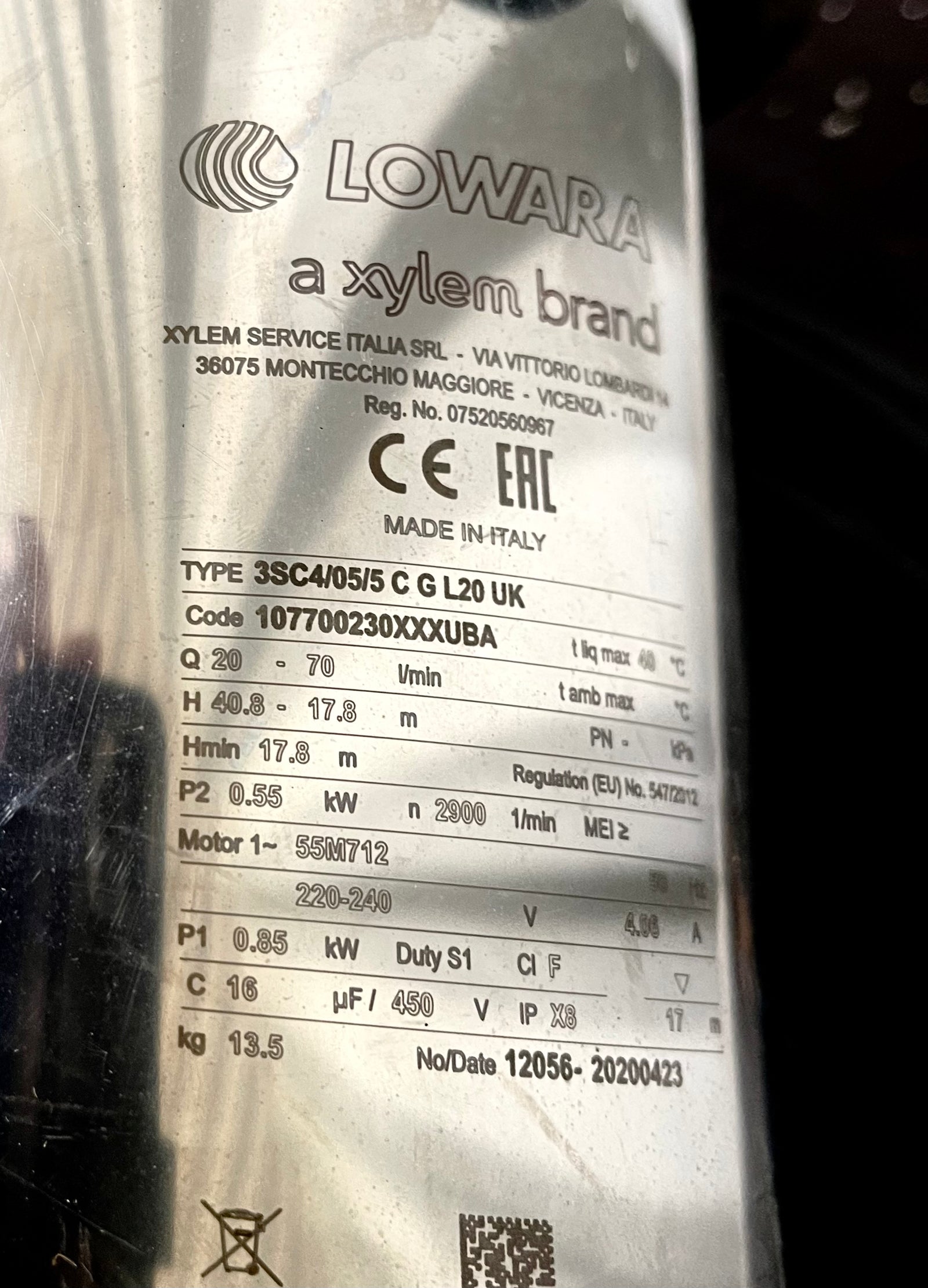 Lowara SCUBA 3SC4/05/5 C G L20 0.55kw 230v Submersible Pump W/Floatswitch 107700230 #2995