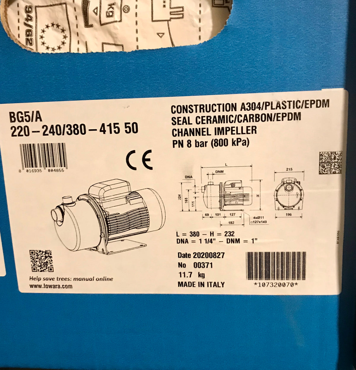 Lowara BG5/A 3~ 415v Self Priming Horizontal Multistage Pump 107320070 #2320