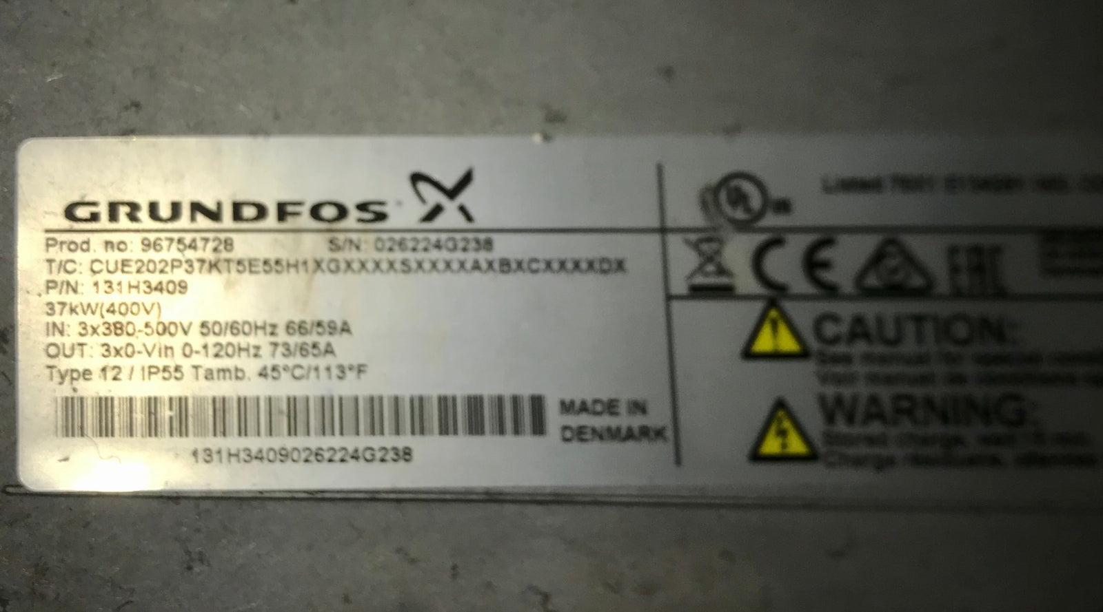 Grundfos CUE 37kw inverter 96754728 131H3409 #2289