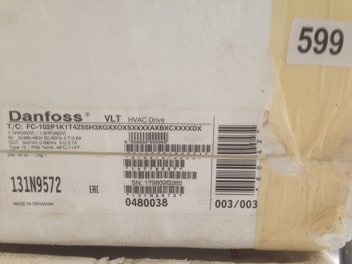 Danfoss VLT FC-102 1.1 KW HVAC Variable Speed Drive Inverter 415v 131N9572 #599/600