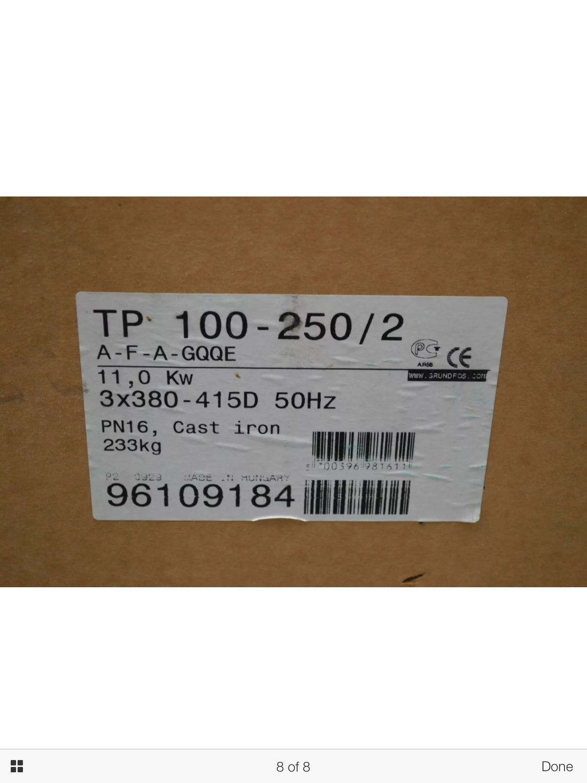 Grundfos TP 100-250/2 A F A BAQE 11kW Single Stage Single Head In Line 2 Pole 415V (96109176)