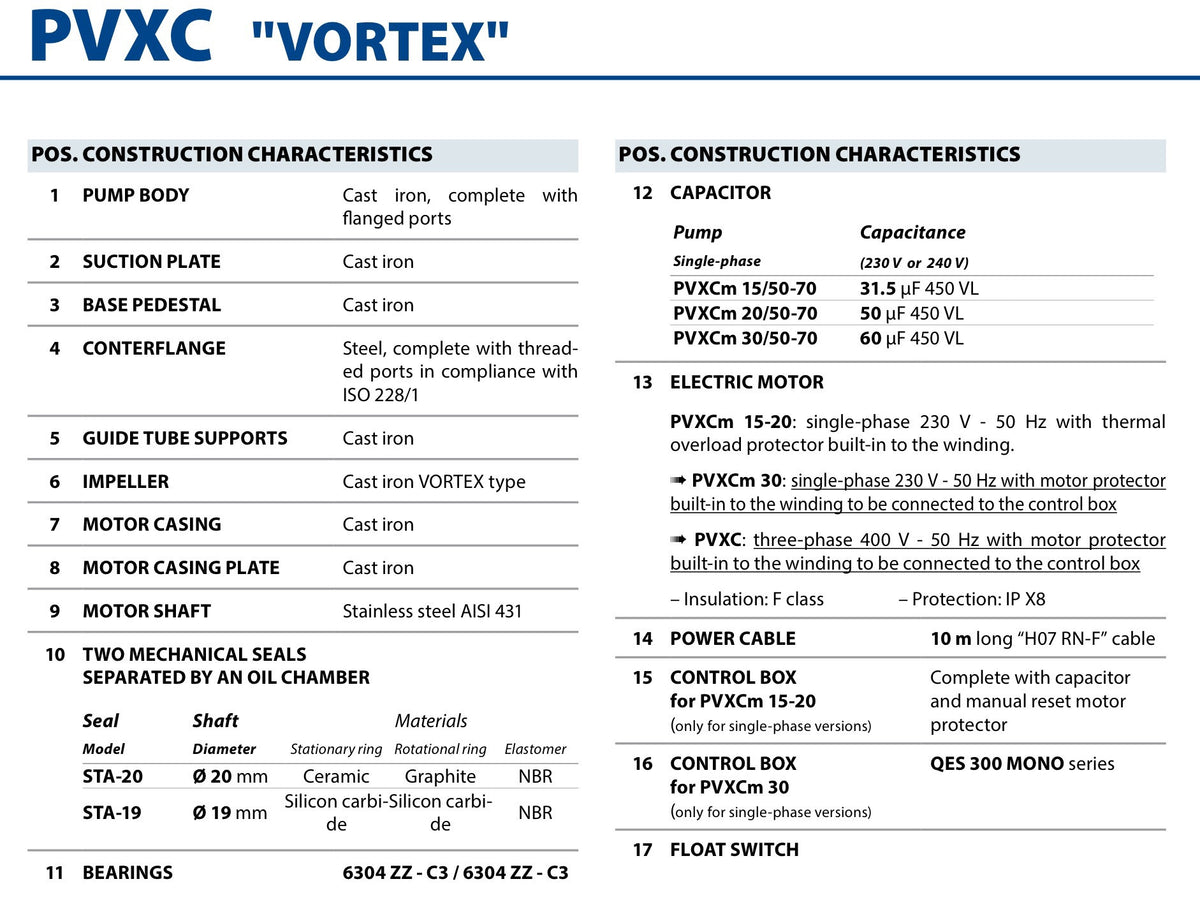Pedrollo PVXCm 30/70 Vortex sewage pump for fixed installations Pump 240v