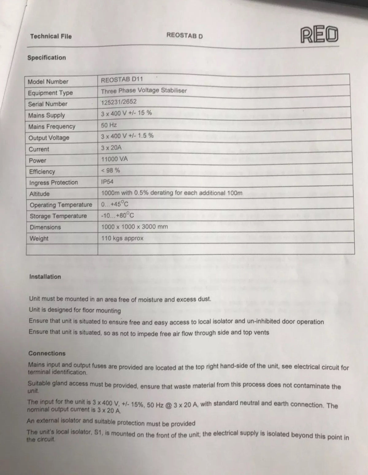 REO uk Three Phase Voltage Stabiliser REOSTAB D11 11KVA