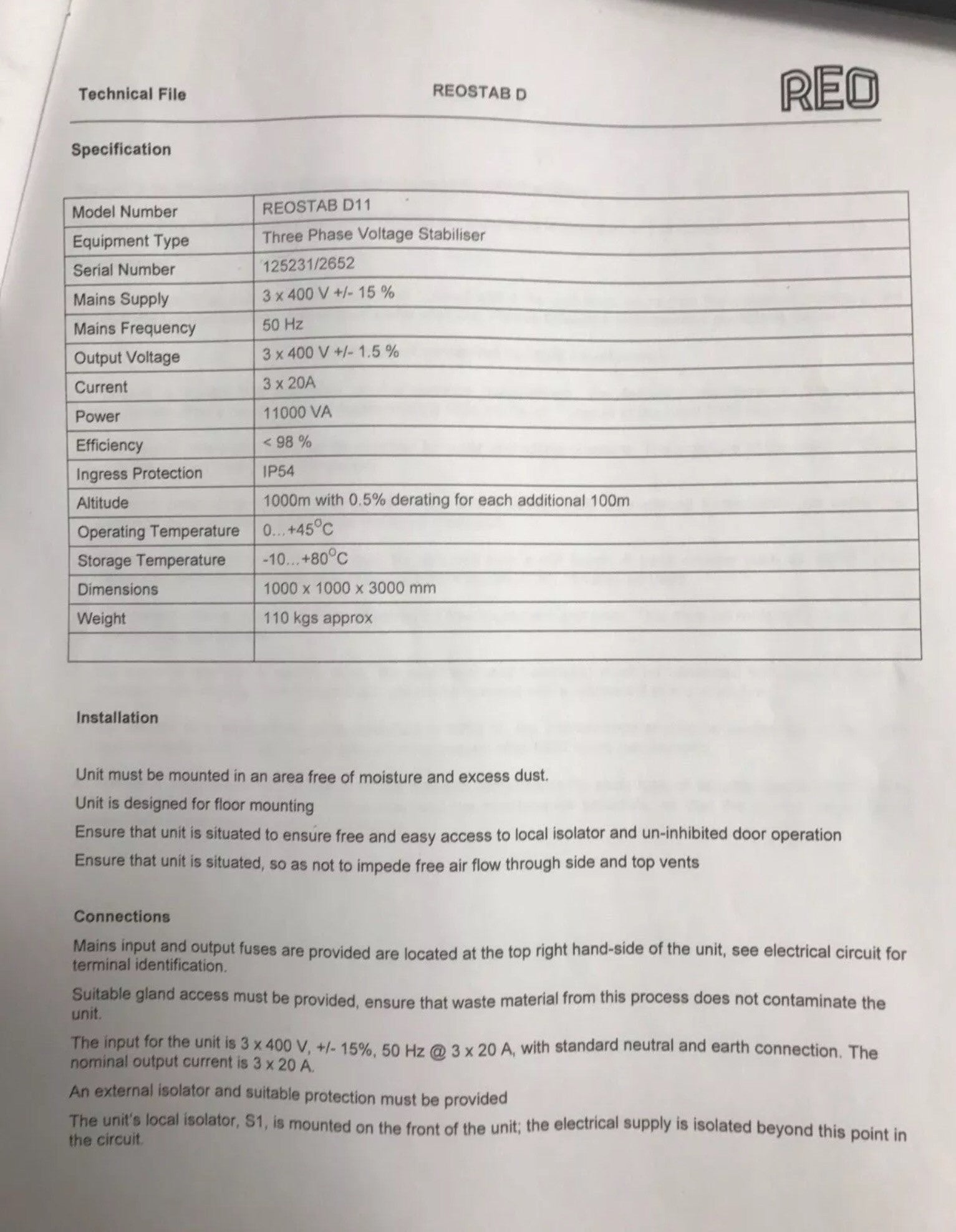 REO uk Three Phase Voltage Stabiliser REOSTAB D11 11KVA