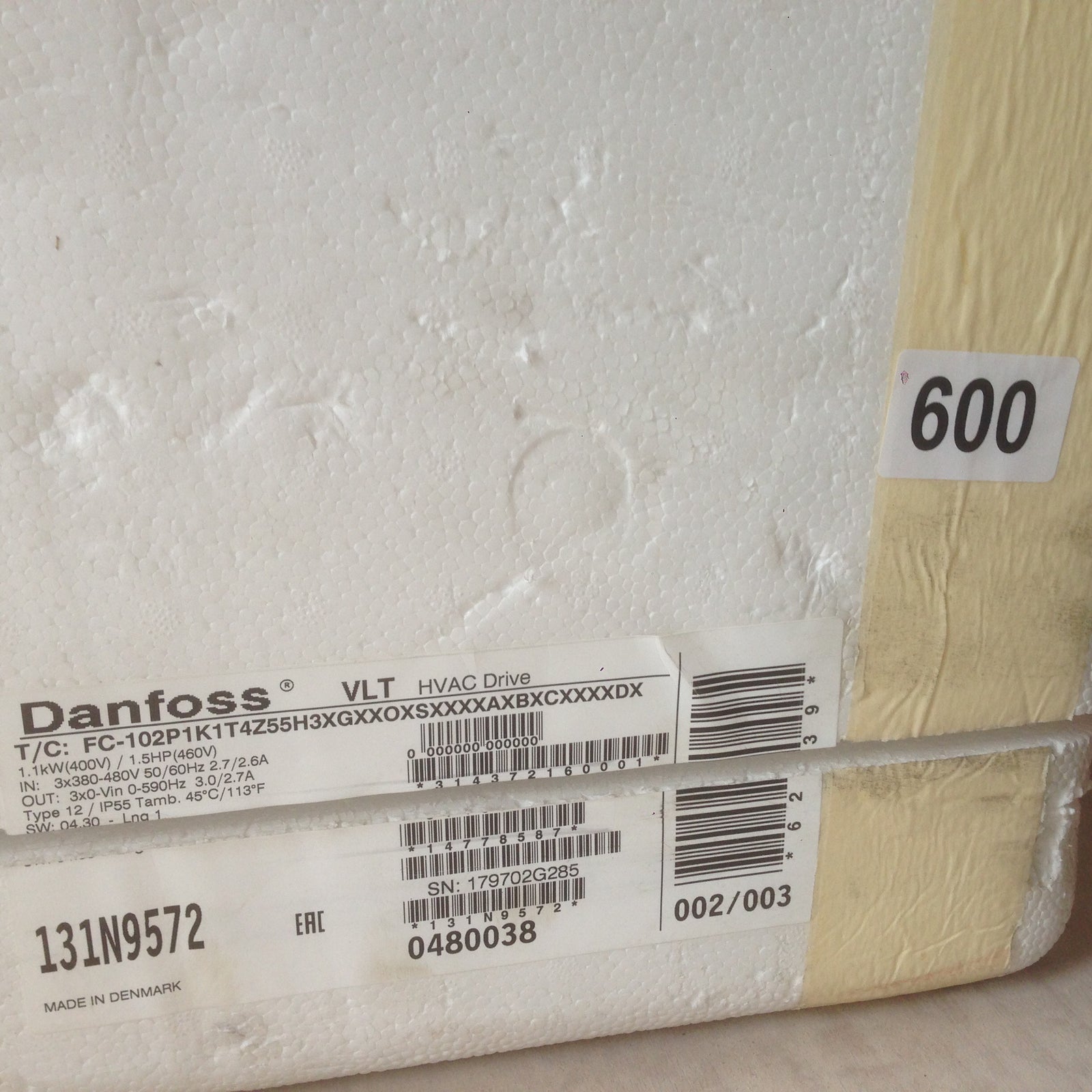 Danfoss VLT FC-102 1.1 KW HVAC Variable Speed Drive Inverter 415v 131N9572 #599/600