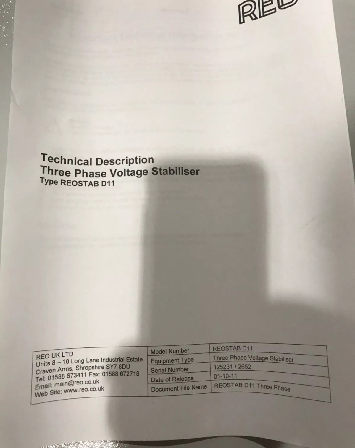 REO uk Three Phase Voltage Stabiliser REOSTAB D11 11KVA